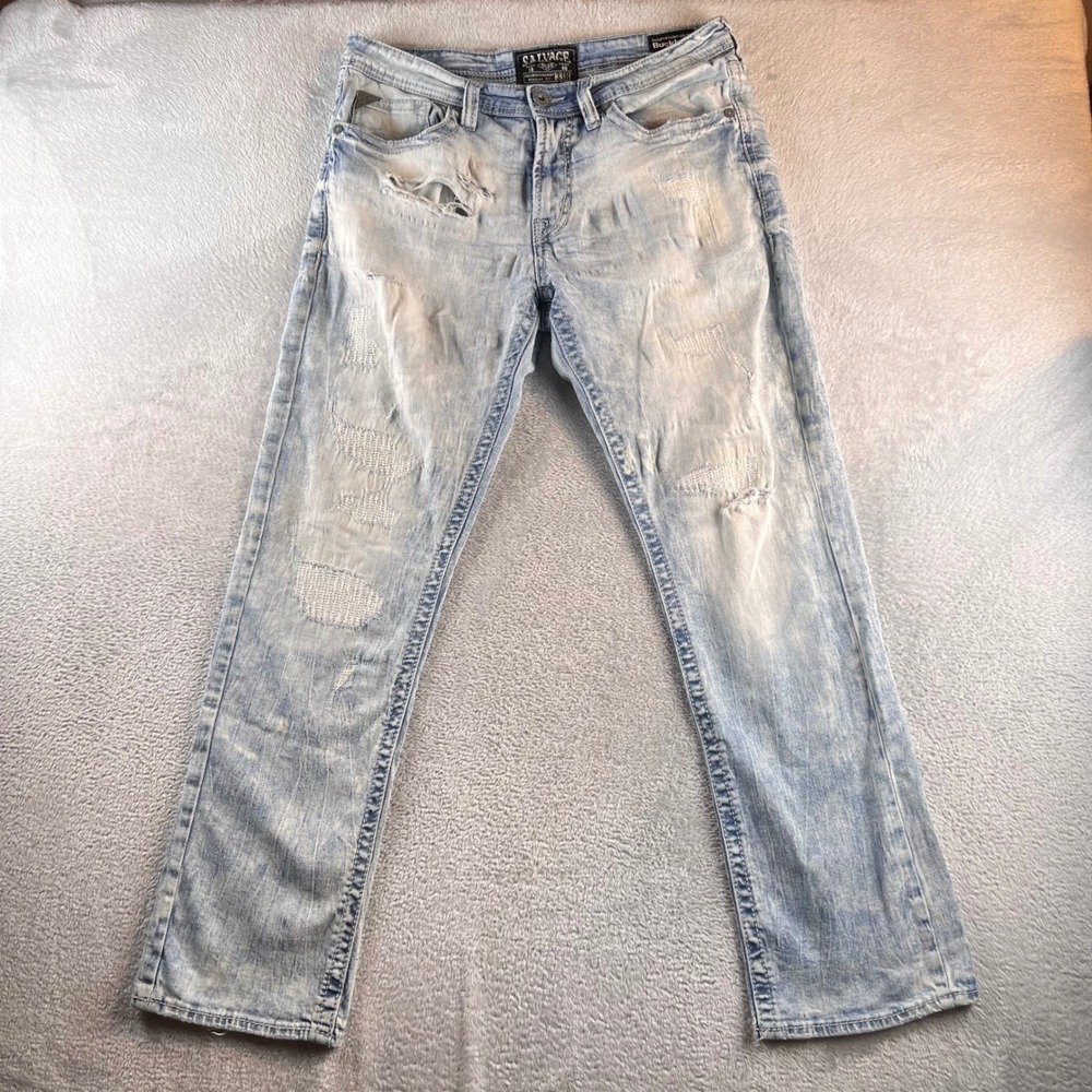 Salvage Mayhem Straight Regular Fit Jeans Mens 33R Light Wash Distressed Buckle